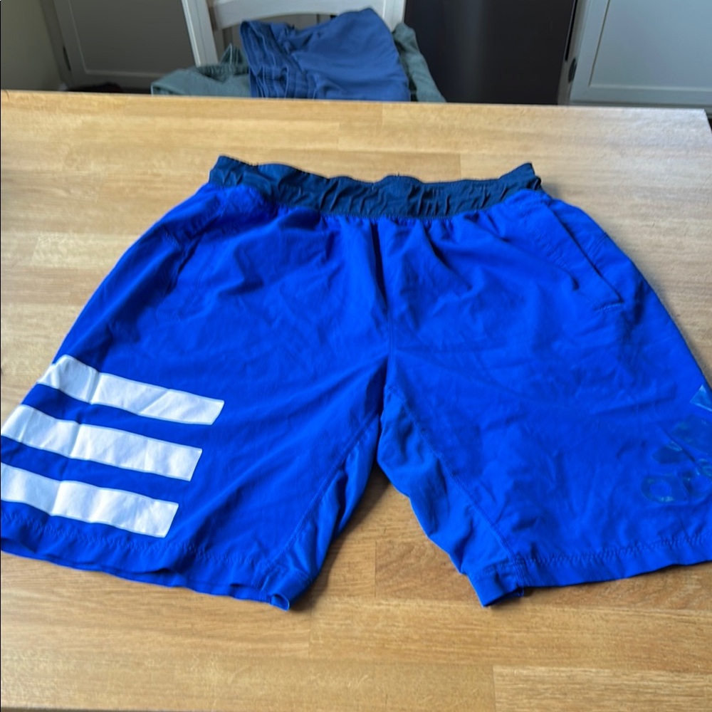 Adidas Blue and White Athletic Shorts with Stripes